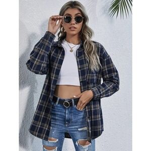 Preppy oversized Plaid print long sleeve button up Shirt